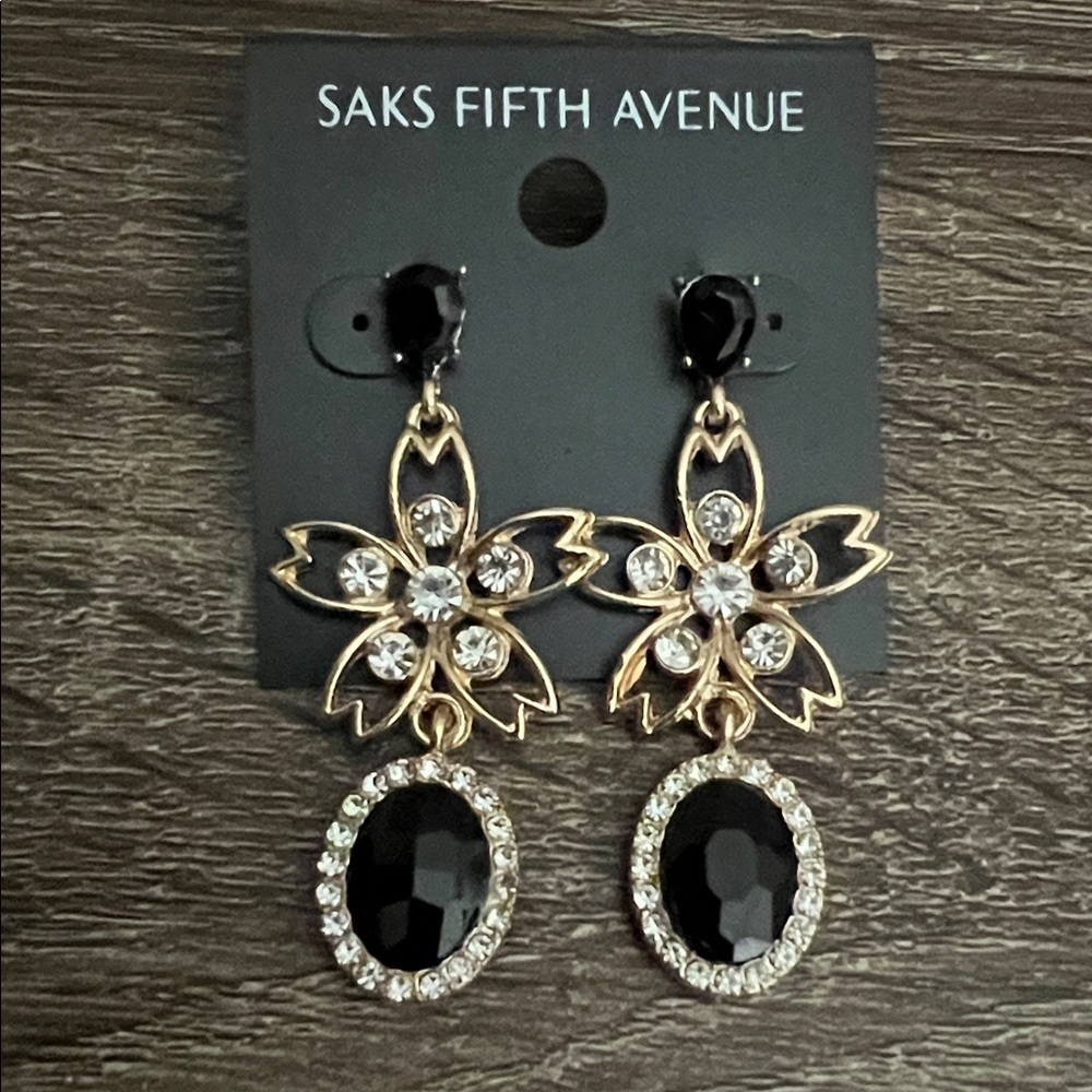 Saks Fifth Avenue Black and Gold Floral Earrings